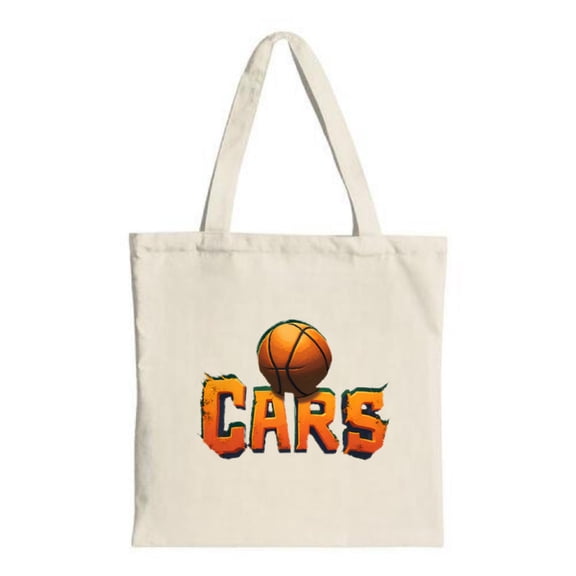 Vibrant Tote Bag with ' CARS ' in bold orange basketball as ' O ' on a light beige canvas Perfect for shopping travel and parties