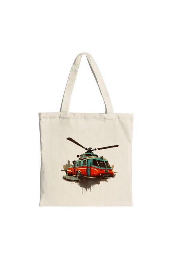 Vibrant Tote Bag with Classic Van & Helicopter Design Stylish Cityscape Background Perfect for Shopping Travel & Parties