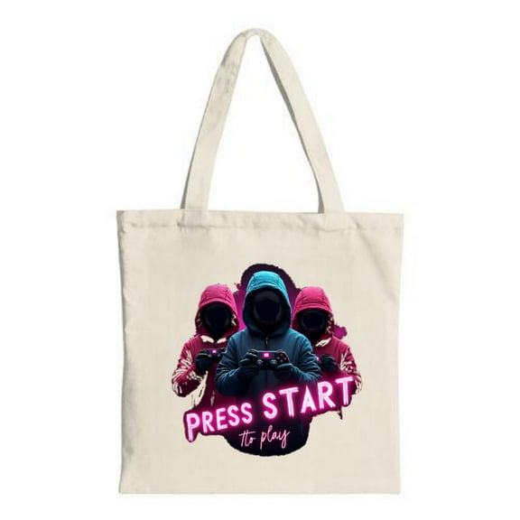 Vibrant Tote Bag with Gamer Design - Features Hoodie - Wearing Characters & Neon Pink ' PRESS START to play ' Text - Perfect for Shopping & Travel