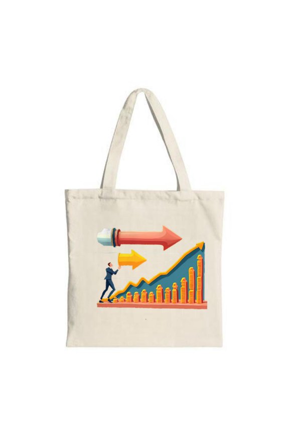Vibrant Tote Bag with Growth Illustration: Person Ascending Staircase on Upward Trend Graph Perfect for Shopping Travel & Parties