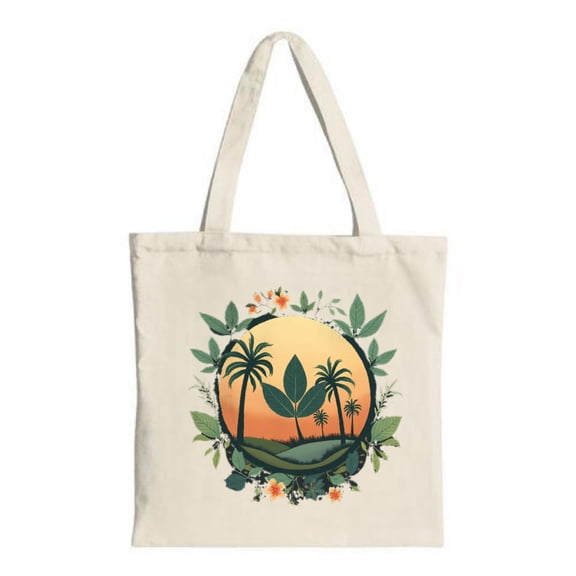 Vibrant Tote Bag with Palm Tree Motif Landscape Green Leaves & Orange Flowers - Perfect for Travel Parties & Shopping