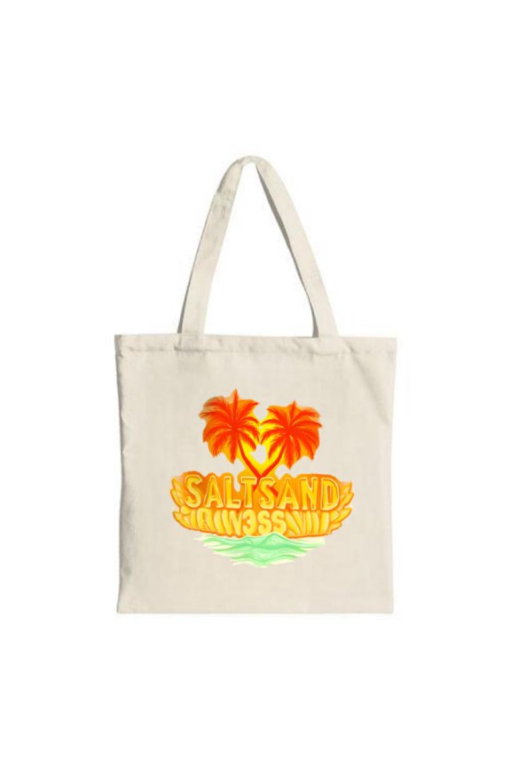 Vibrant Tote Bag with Palm Trees & ' SALTSAND ' Text Stylish Wave Pattern Perfect for Shopping Travel & Parties - Reusable Canvas