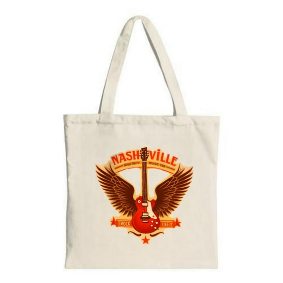Vibrant Tote Bag with Red Electric Guitar & Wings ' Nashville 1928 - 2018 ' Design on Cream Canvas - Perfect for Shopping & Travel