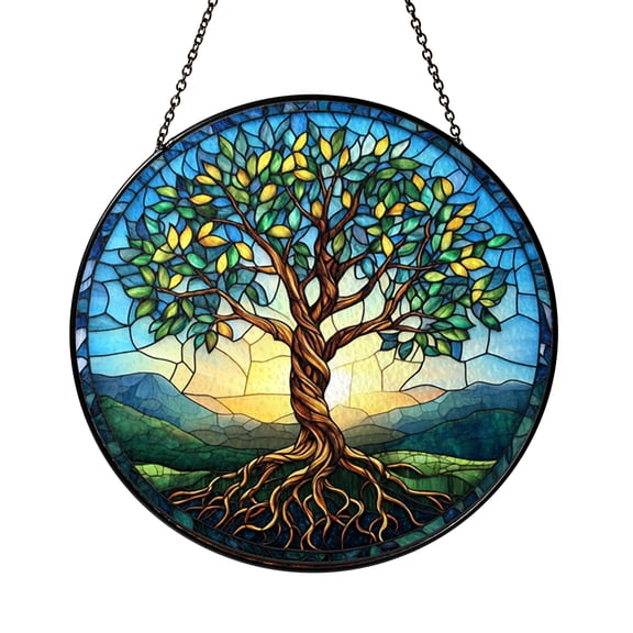 Vibrant Tree of Life With Serpent Stained Glass Style Window Hanging Decor, Symbolic Spiritual Scene Suncatcher Ornament Gift for Peaceful Home