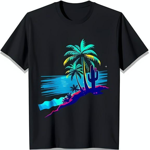 Vibrant Trees & Cactus Graphic Black T-Shirt Retro 80s Style