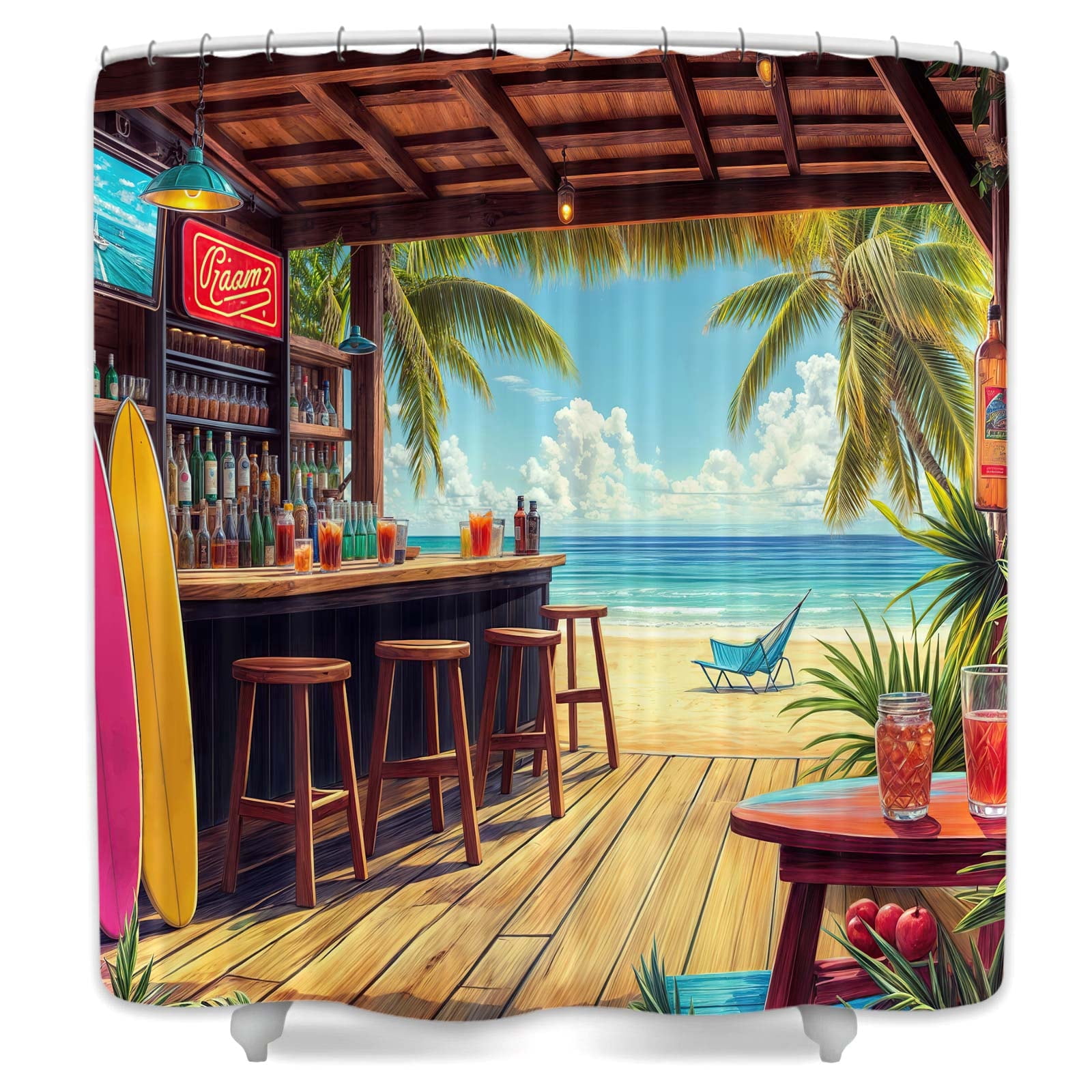 Vibrant Tropical Beach Bar Shower Curtain, Hawaiian Surfboard Ocean Scene Bathroom Decor, Waterproof Fabric Bath Curtain with Hooks for Summer Coastal Bathroom,12pcs Hooks,69X70 in
