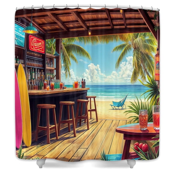 Vibrant Tropical Beach Bar Shower Curtain, Hawaiian Surfboard Ocean Scene Bathroom Decor, Waterproof Fabric Bath Curtain with Hooks for Summer Coastal Bathroom,12pcs Hooks,69X70 in