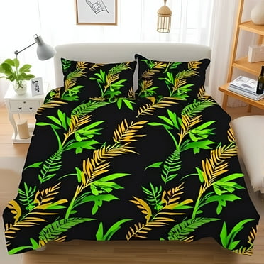 Vibrant Tropical Comforter Set Bold -Green & Gold-Yellow Leaves on Black Includes Matching Pillowcases Perfect for a Bright Bedroom Makeover
