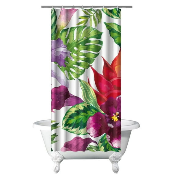 Vibrant Tropical Floral Shower Curtain 36x72, Featuring Exotic Floral, Hawaiian Hibiscus, Botanical Jungle Leaves, Palm Leaf, Colorful Boho Summer Beach Bathroom Decor