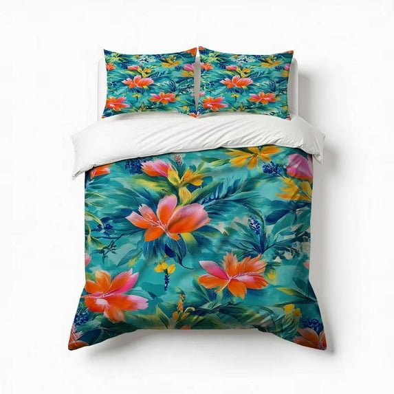 Vibrant Tropical Floral Teal Print Bedding Set 3 Pcs Soft Microfiber Quilt Cover For Bedroom Decor, Comforter Cover With 2 Pillowcase