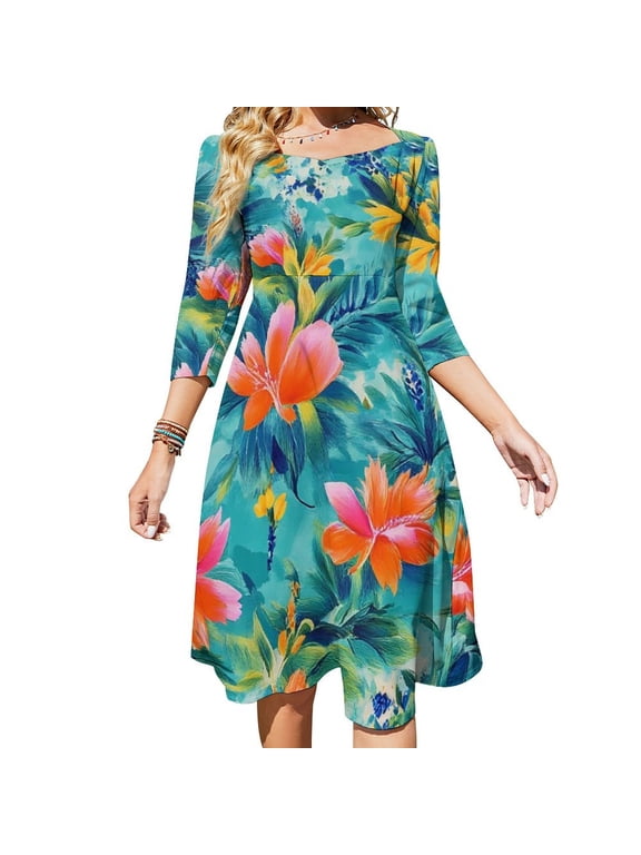 Vibrant Tropical Floral Teal Print Dress Summer Dresses Woman Street Style Big Size Casual Dress