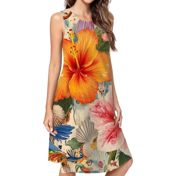 Vibrant Tropical Floral Textile Casual Sleeveless Loose Sundress Dress For Women Summer Dress Daily Woman