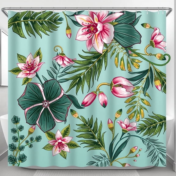 Vibrant Tropical Flower Shower Curtain - Green Leaves & Pink Blooms