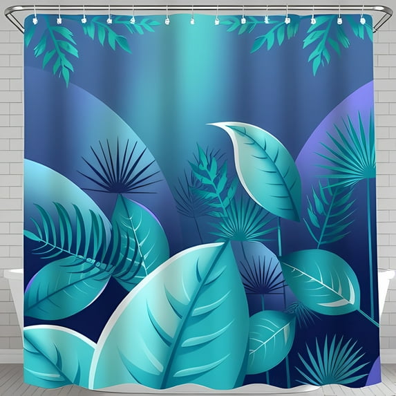 Vibrant Tropical Foliage Shower Curtain - Teal Leaves on Deep Blue & Purple Background Modern Bathroom Decor