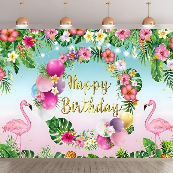 Vibrant Tropical Happy Birthday Banner - Summer-Themed Backdrop with Floral & Flamingo Design, Easy to Hang for Indoor/Outdoor Celebrations, Photo Booth Props, Birthday Party Decorations