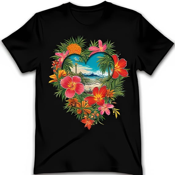 Vibrant Tropical Heart Graphic on Black T-Shirt Scenic Beach Design