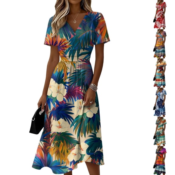 Vibrant Tropical Hibiscus Print Wrap Dress for Women - V-Neck Short Sleeve High Waist A-Line Midi Summer Beach Vacation Gown, Flowy Boho Holiday Party Dress with Cinched Waist Hot Pink S