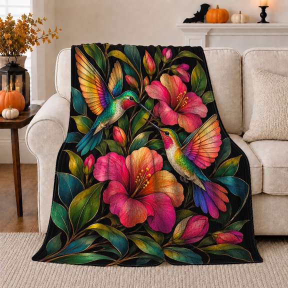 Vibrant Tropical Hummingbirds Hibiscus Flowers, Cozy Bird Art Scene, Warm Flannel Blanket for Cabin and Lodge, Bird Lovers Housewarming Gift, Artistic Home Decor