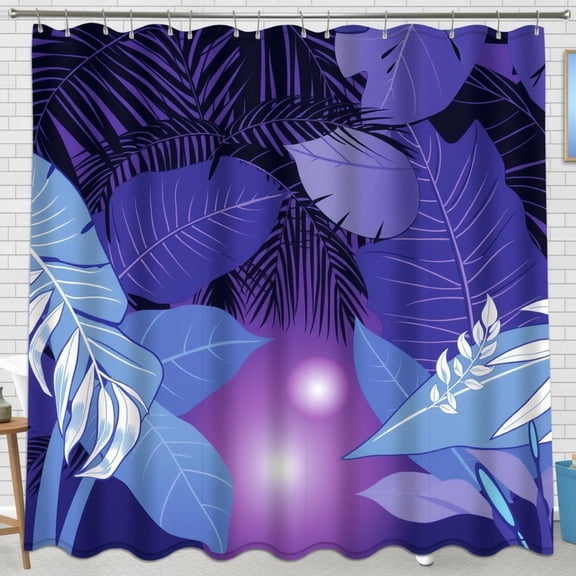 Vibrant Tropical Leaf Shower Curtain - Purple & Blue Glossy Design