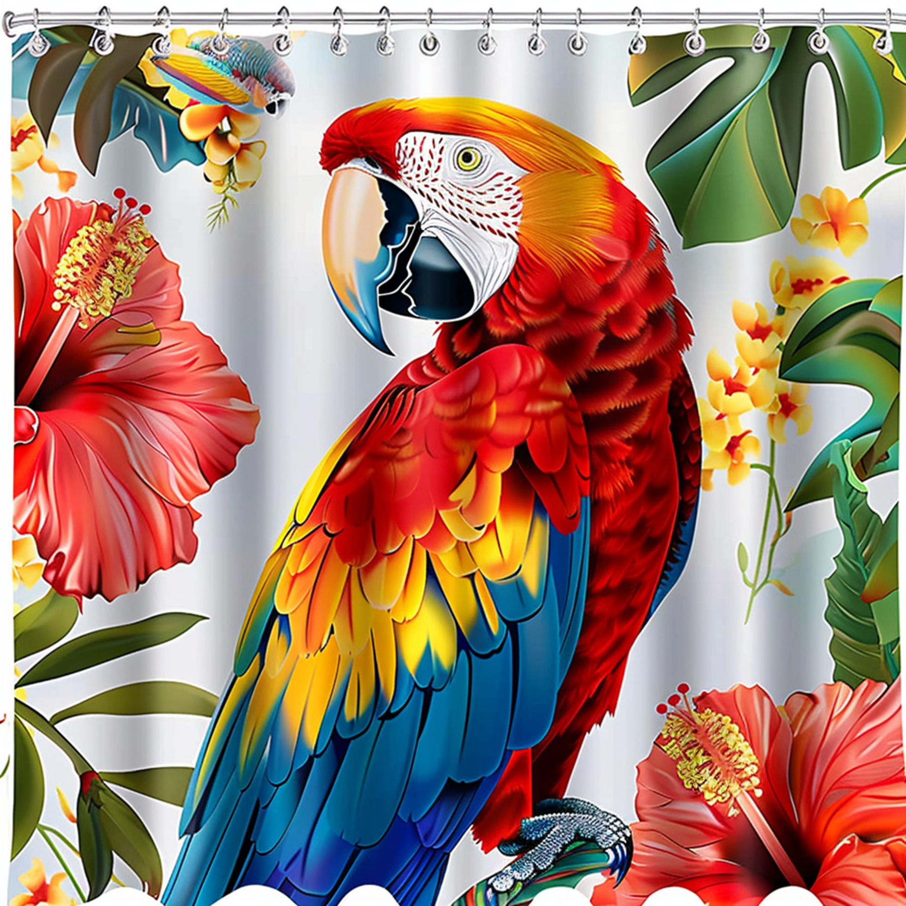Vibrant Tropical Macaw Shower Curtain with Cartoonish Design Detailed