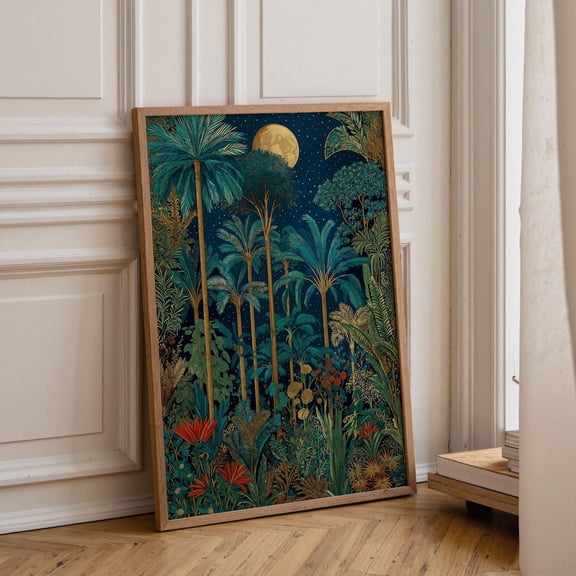 Vibrant Tropical Palm Tree Moon Maximalist Jungle Botanical Graphic Poster Unframed Paper Print