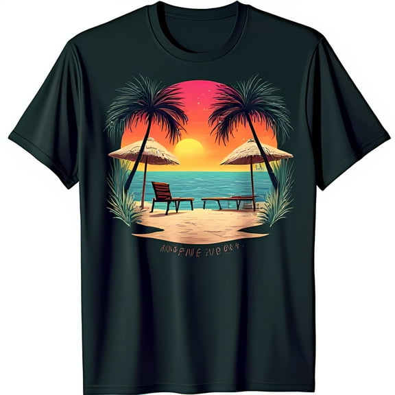Vibrant Tropical Paradise Graphic on Black T-Shirt Relaxing Beach Vibes