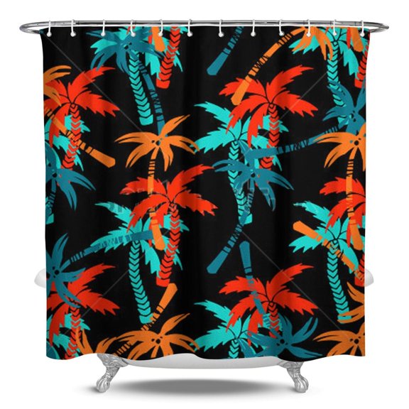Vibrant Tropical Paradise Shower Curtain, Waterproof Polyester, Machine Washable, Hooks Included, Boho Style with Ocean Sunset and Hawaii Palm Trees