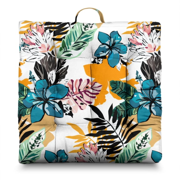 Vibrant Tropical Pillow&nbsp;– 22x22 Inch Square Seat Cushion, Dutch Velvet, High-Contrast Floral & Leaf Mix (Eye-Catching Decor)