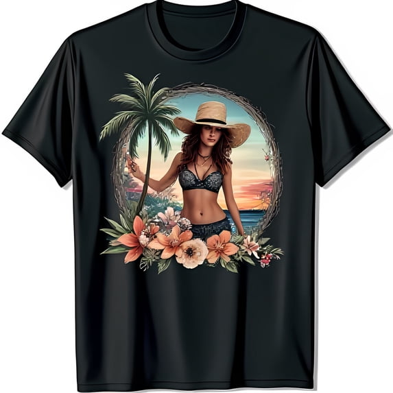Vibrant Tropical Print Black T-Shirt with Beach Scene Graphic for Casual Style