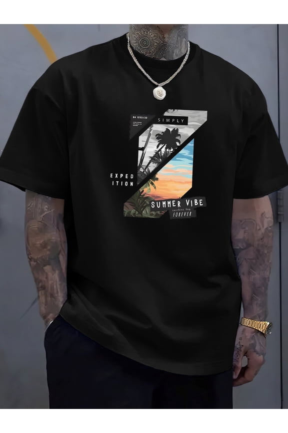 Vibrant Tropical Print Crew Neck Tee - Soft Slight Stretch Polyester Fabric, Rib-Knit, Regular Fit, Street Style, Novelty Top for Men - Summer Vibe, Hand Wash Only, No Dry Clean