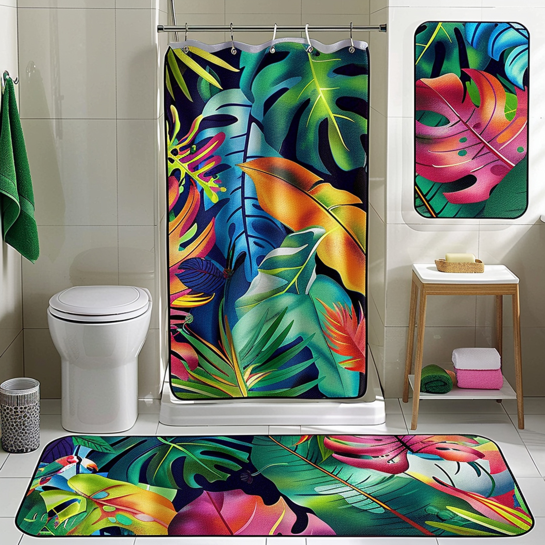 Vibrant Tropical Rainforest Bathroom Decor Set Colorful Leaves Cartoon