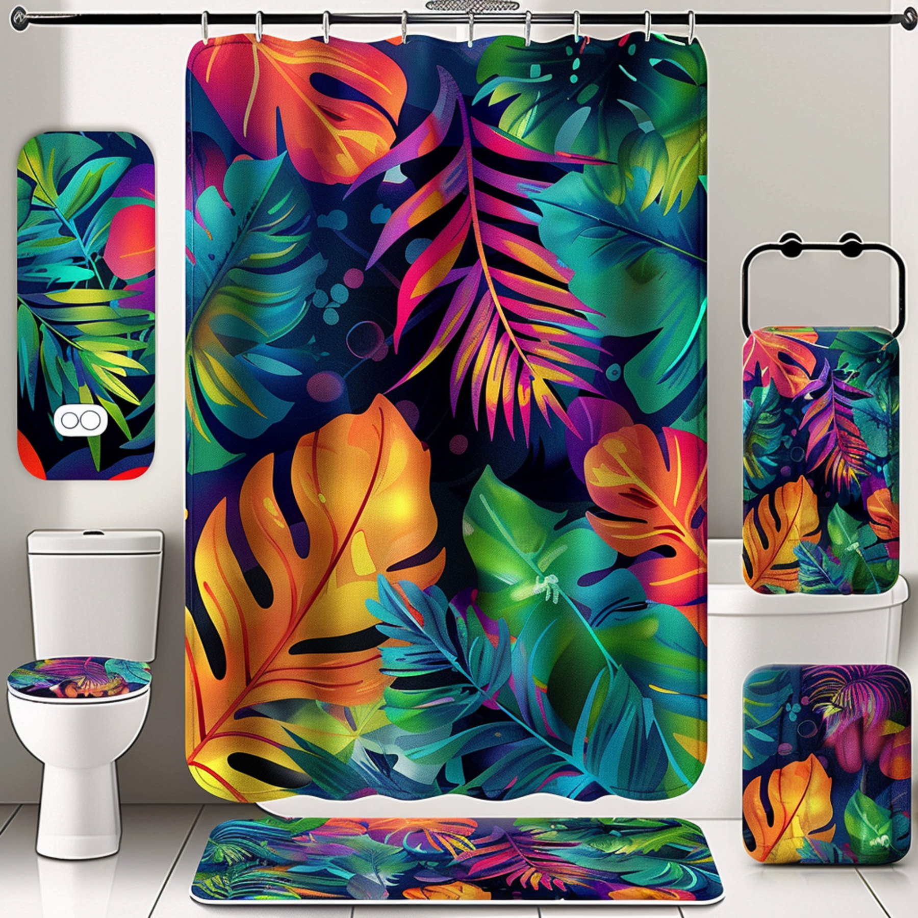 Vibrant Tropical Rainforest Bathroom Decor Set Colorful Leaves Cartoon