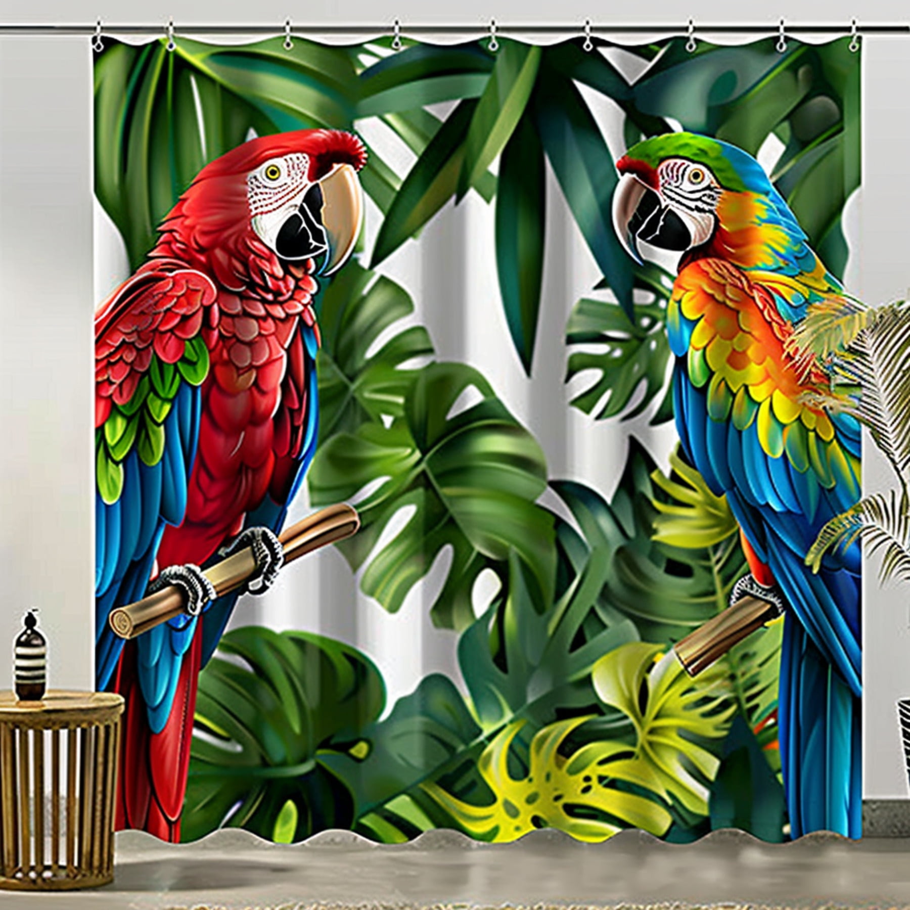 Vibrant Tropical Rainforest Macaw Shower Curtain Fabric Packaging for