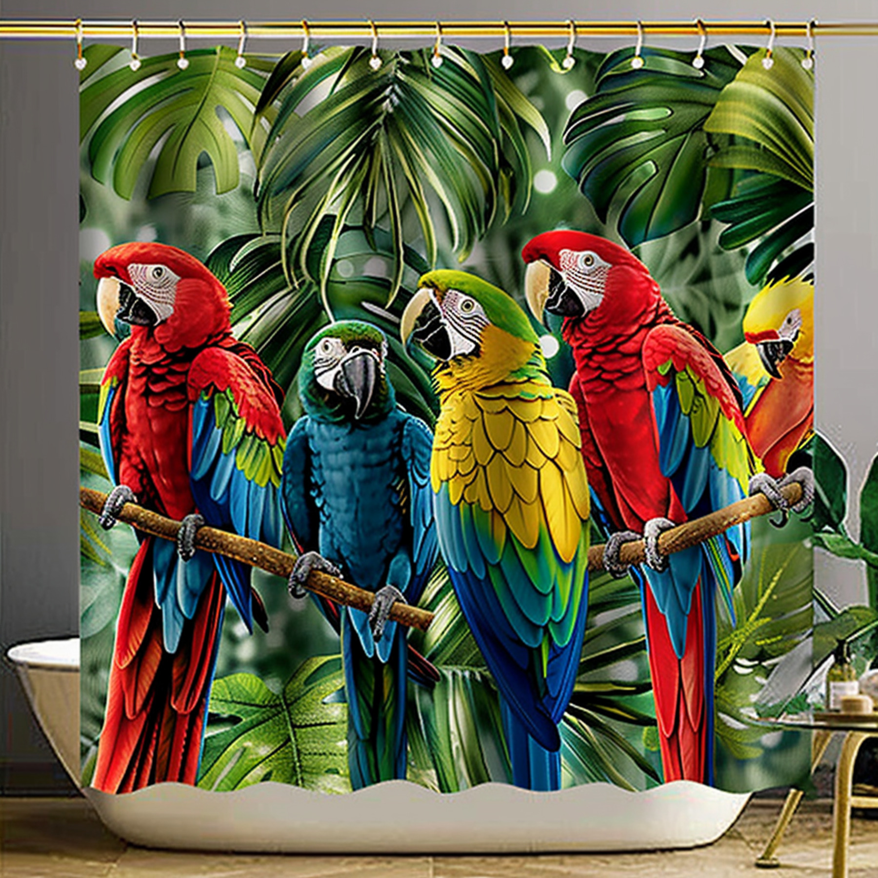 Vibrant Tropical Rainforest Parrot Shower Curtain Macaw Birds on Palm