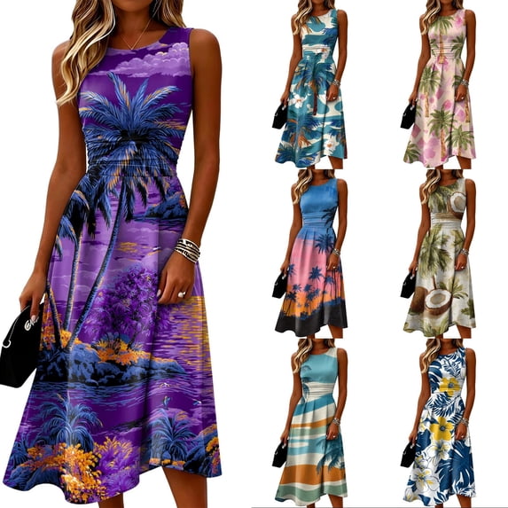 Vibrant Tropical Scenery & Palm Tree Print Sleeveless Round Neck Dress for Women - Ruched Waist A-Line Midi Summer Beach Vacation Gown, Retro Casual Sundress with Cinched Waist Pink M