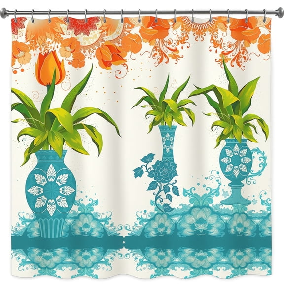 Vibrant Tropical Shower Curtain - Teal Blue Green Plants Cream Background Floral Design