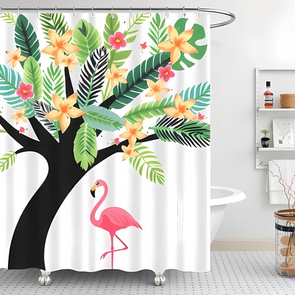 Vibrant Tropical Shower Curtain with Black Tree Colorful Flowers & Pink Modern Bathroom Decor