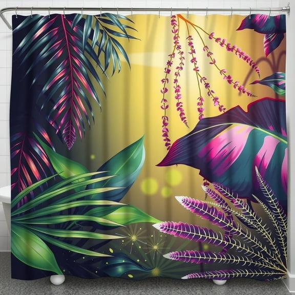 Vibrant Tropical Shower Curtain with Glossy Leaves for a Bright Bathroom