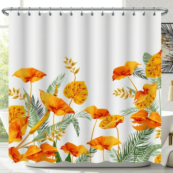 Vibrant Tropical Shower Curtain with Orange Flowers & Green Fronds