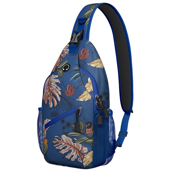 Vibrant Tropical Sling Backpack for Travel and Hiking, Hawaiian Print Crossbody Bag with Palm Leaf, Jungle Leaves, Floral Botanical Summer Aesthetic