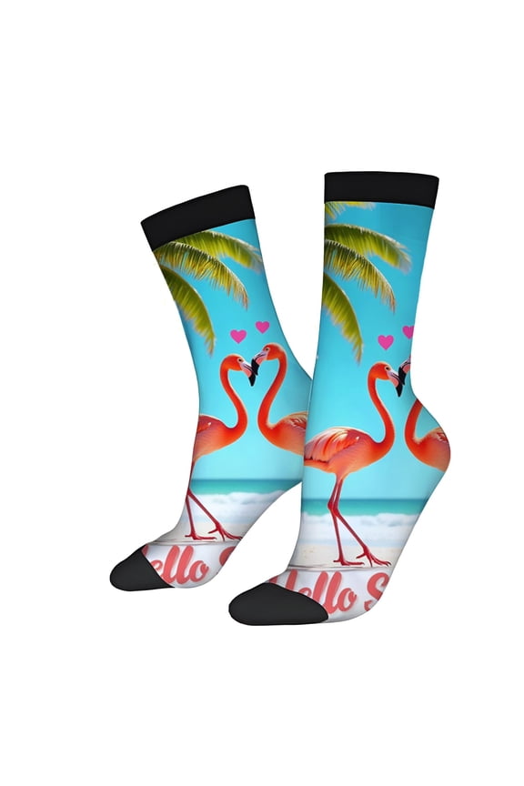 Vibrant Tropical Socks - 2 Pairs with Flamingos Palm Trees & Hearts - Unisex Trendy Design for All Seasons