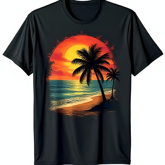 Vibrant Tropical Sunset Black T-Shirt with Trees & Beach Design