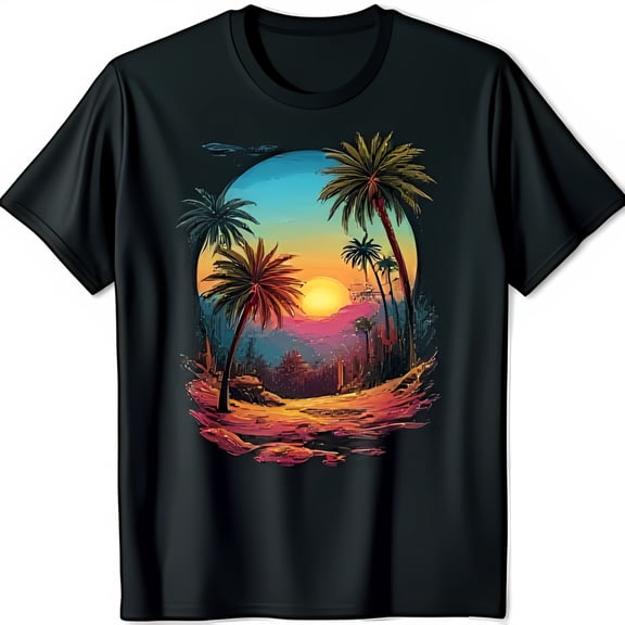 Vibrant Tropical Sunset Graphic Black T-Shirt with Trees Design