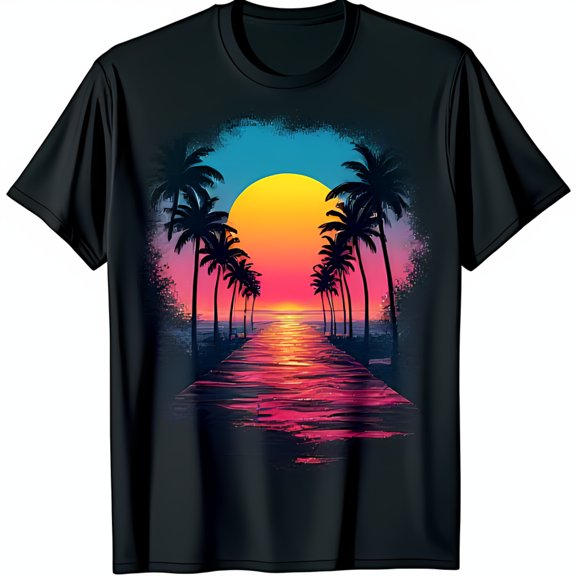 Vibrant Tropical Sunset Graphic on Black T-Shirt Beach Vibes