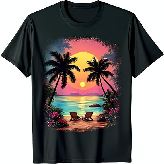 Vibrant Tropical Sunset Graphic on Black T-Shirt Relaxing Beach Vibes