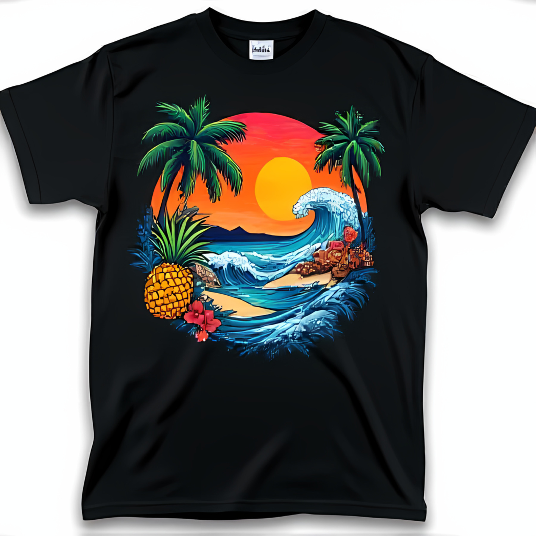 Vibrant Tropical Sunset T-Shirt with Trees Waves and Pineapple Design ...