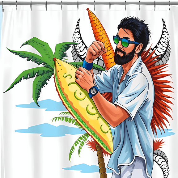 Vibrant Tropical Surfboard Shower Curtain - Stylish Beach Vibe with Trees & Fun Design