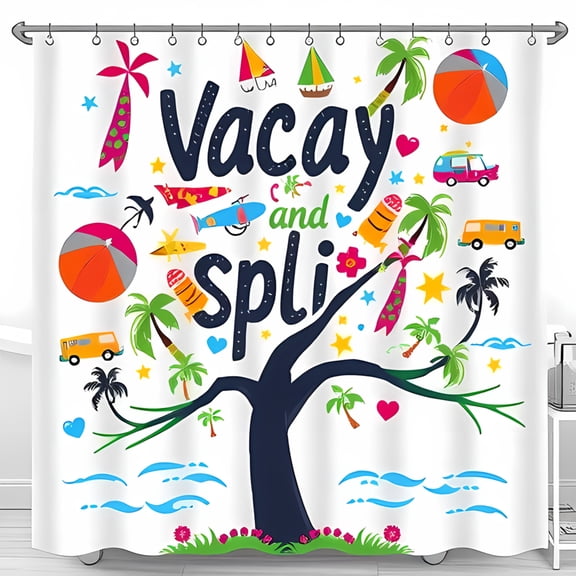 Vibrant Tropical Tree Shower Curtain with Surfboards Beach Balls & Trees - Fun Vacation Theme