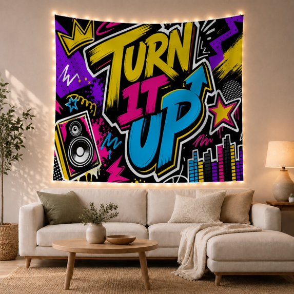 Vibrant Turn It Up Graffiti Art with Speakers and Crown, Energetic Digital Art for Music Lovers, Street Art Wall Decor, Birthday Gift Tapestry Wall Hanging for Dorm and Gaming Room