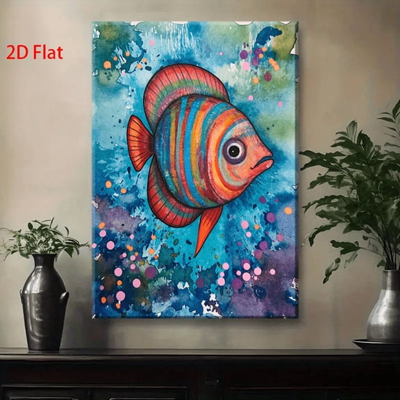 Vibrant Turquoise Blue & Turpentine Green Tropical Fish Wall Art - Multicolor Watercolor Painting with Pink & Golden Accent Fish, Wrapped Canvas Frame - Marine-Themed Ocean Decor for Home, Office, Ro